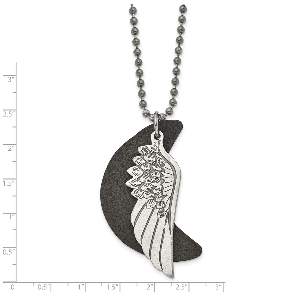 Stainless Steel Brushed Wing w/Leather Moon Black IP 26.5in Necklace