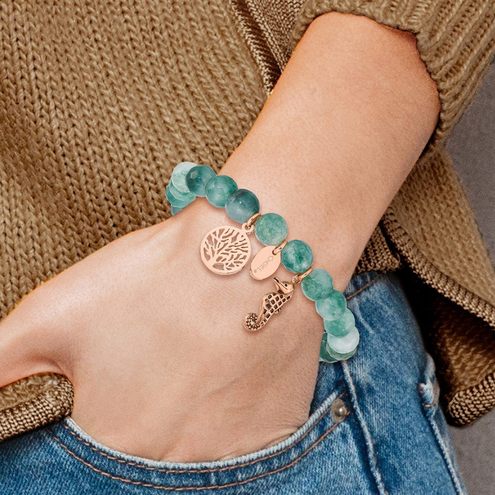 Stainless Steel Antiqued & Polished Rose IP Seahorse Green Dyed Jade Bracel 6.25 inches
