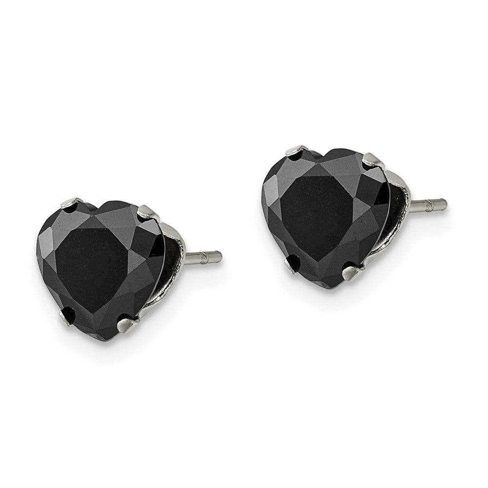 Stainless Steel Polished 8mm Black Heart CZ Stud Post Earrings