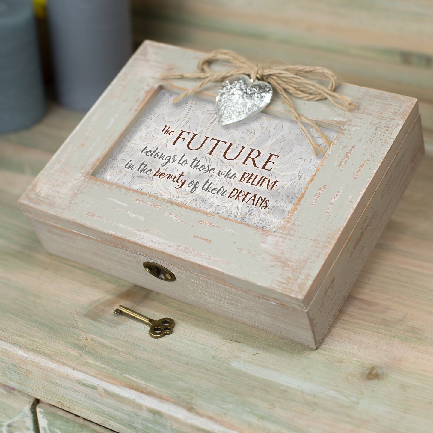 Future Belongs to Those Who Believe Natural Taupe Jewelry Music Box Plays Wonderful World