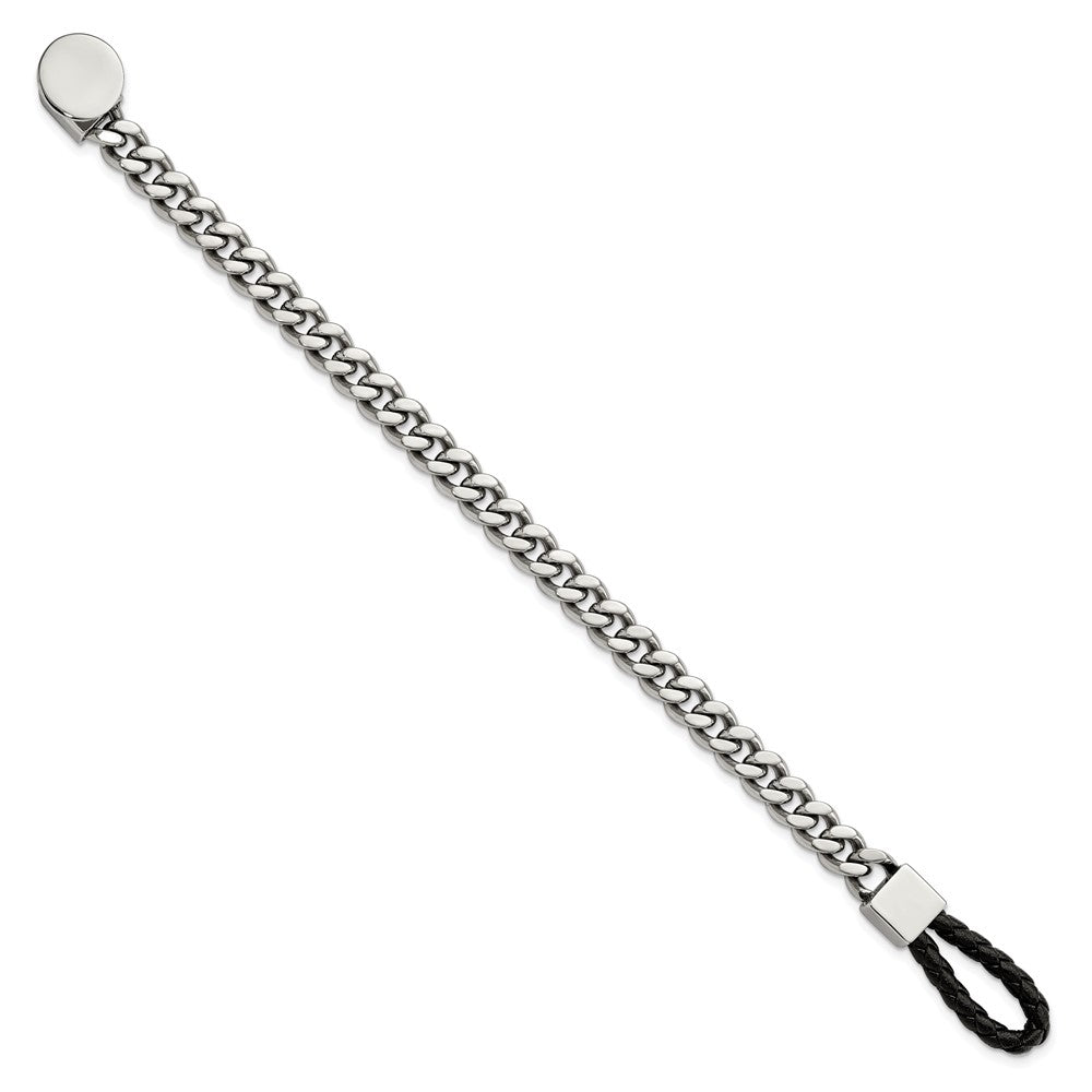 Stainless Steel Polished Curb Chain w/Black Leather Hook 8.25in Bracelet 8.25 inches