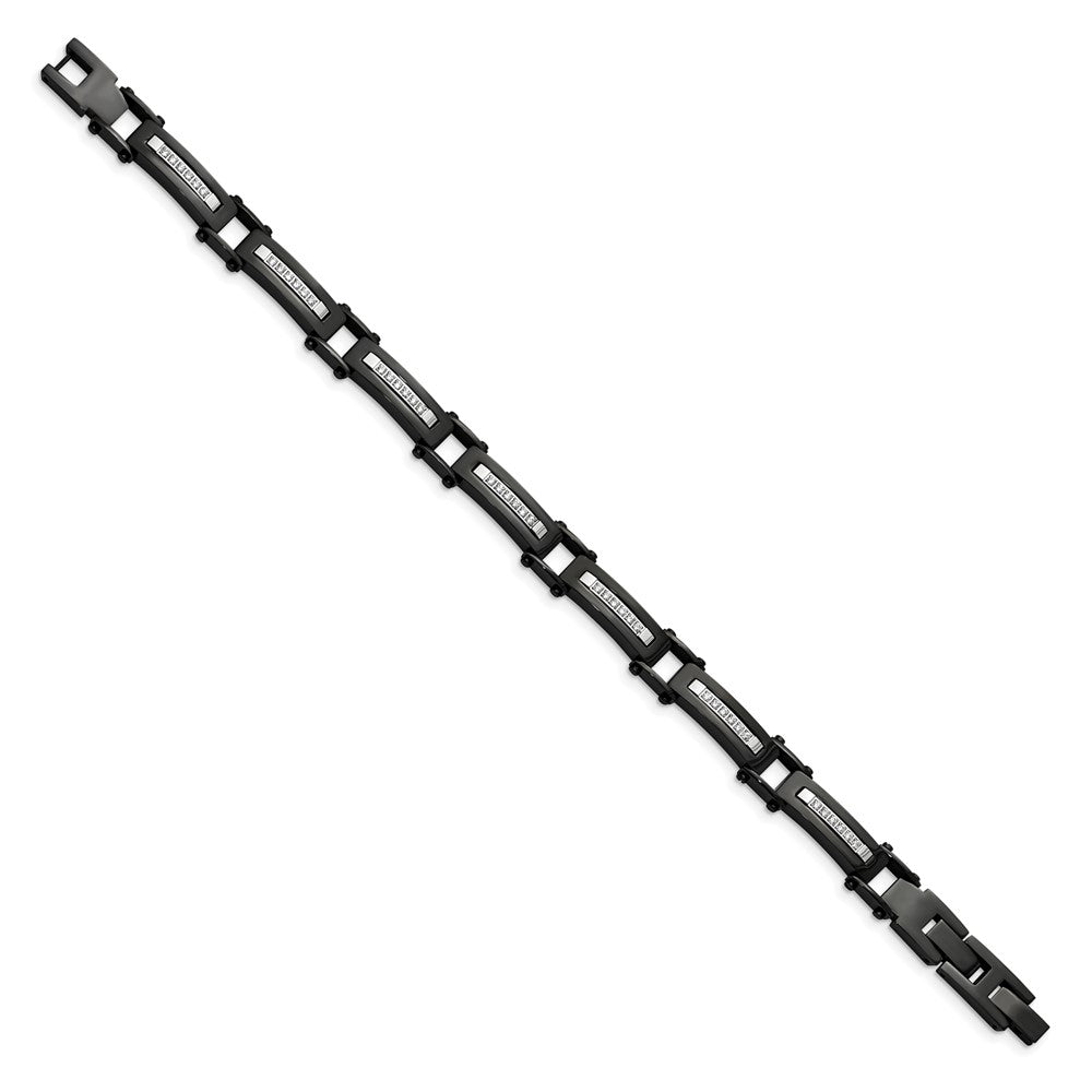 Stainless Steel Polished Black IP-plated with CZ 8.25in w/.5in ext. Bracele 8.25 inches