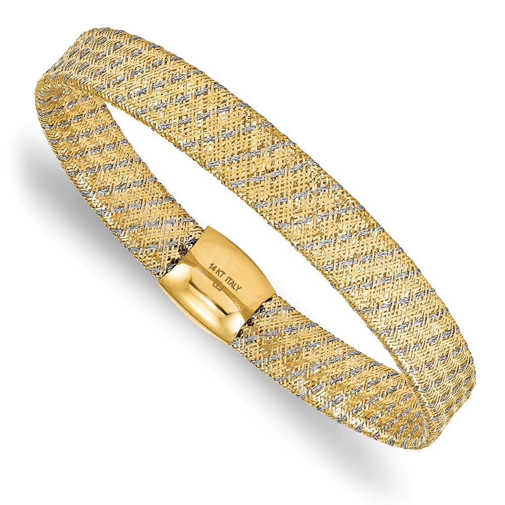 14K w/Rhodium Polished Mesh Stretch Bracelet 7.5  inches