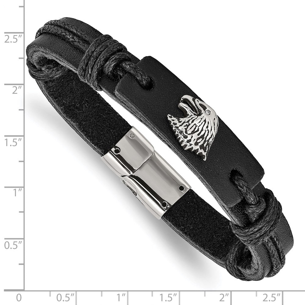Stainless Steel Antiqued and Polished Eagle Head Black Leather Bracelet 8.5 inches