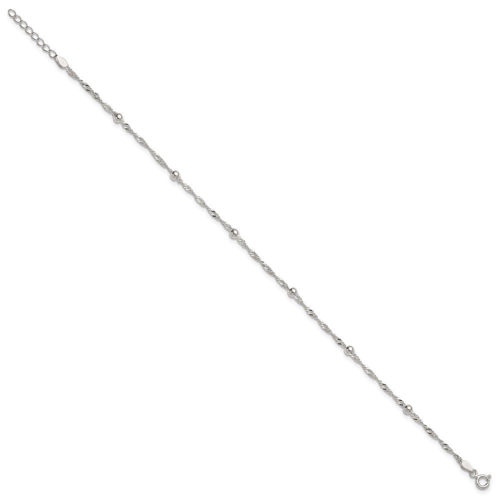 Sterling Silver Polished and Beaded 6-Station Fancy Link 9 inch with 1 inch Extension Anklet