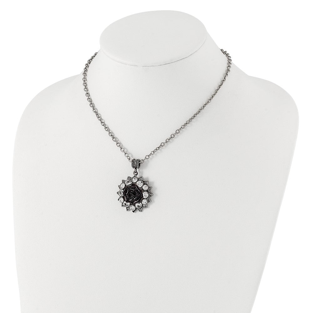 1928 Silver-tone Crystal & Black Enamel Flower 16in w/3in ext Necklace