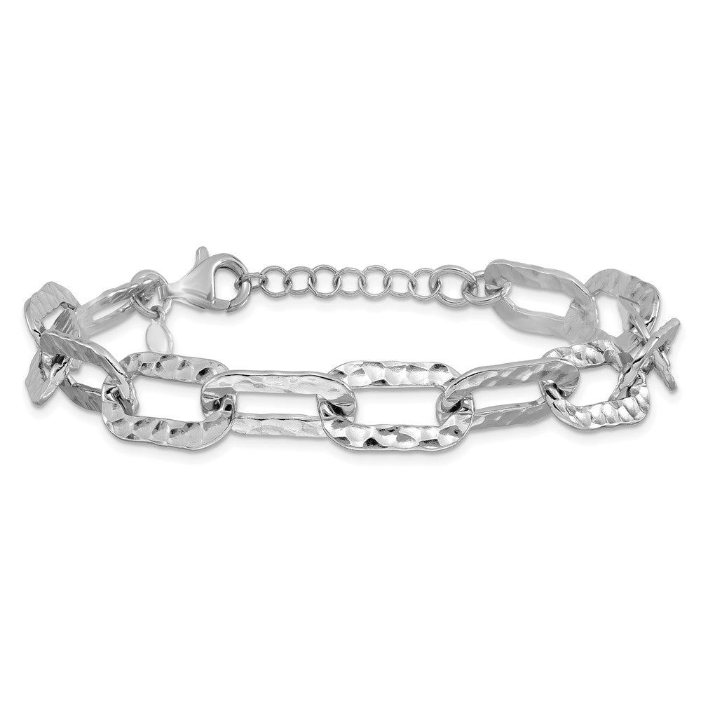 Sterling Silver Rh-pl Polished/Hammered Fancy w/1in ext. Bracelet 8.5  inches