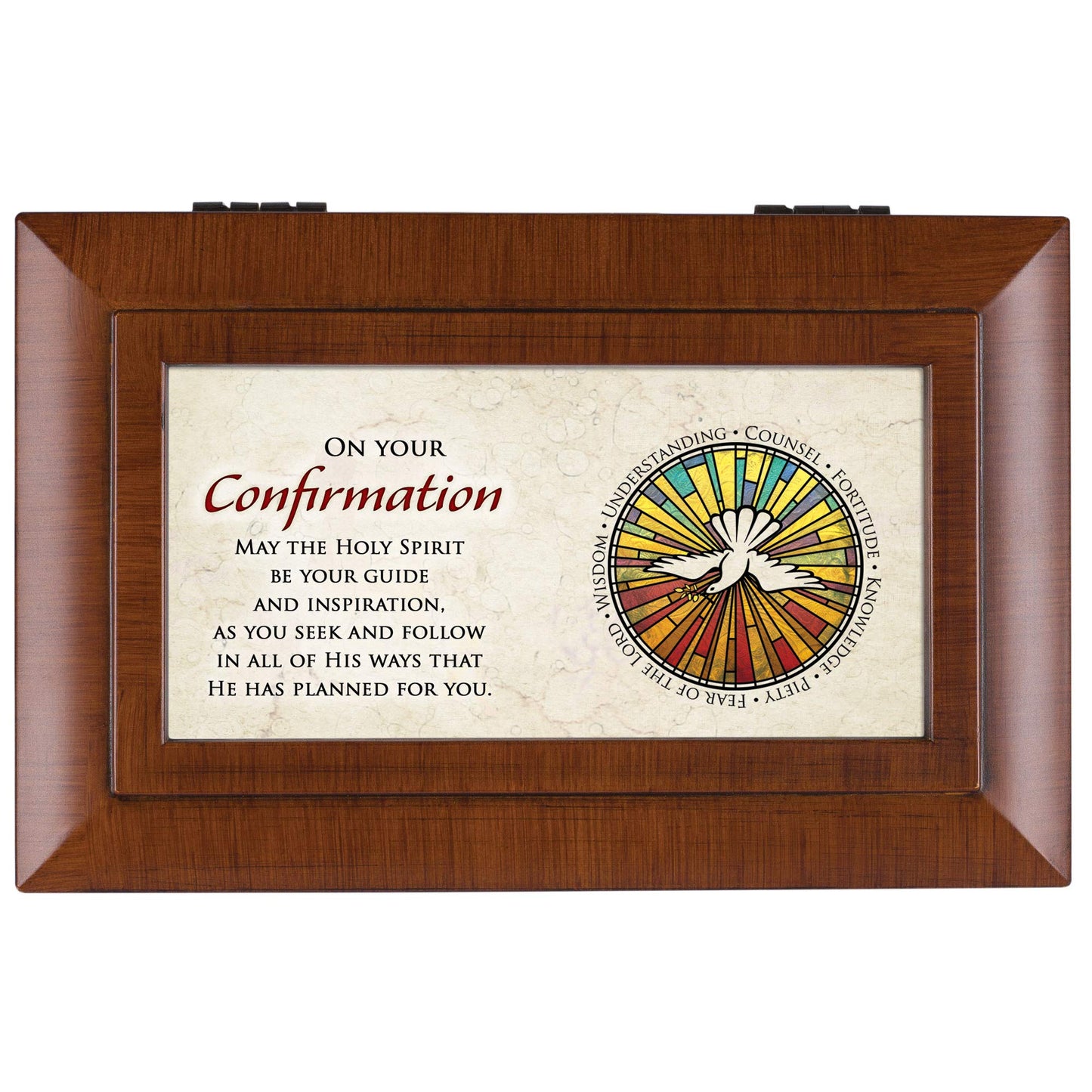 Confirmation Holy Spirit Woodgrain Petite Traditional Music Box Plays How Great Thou Art