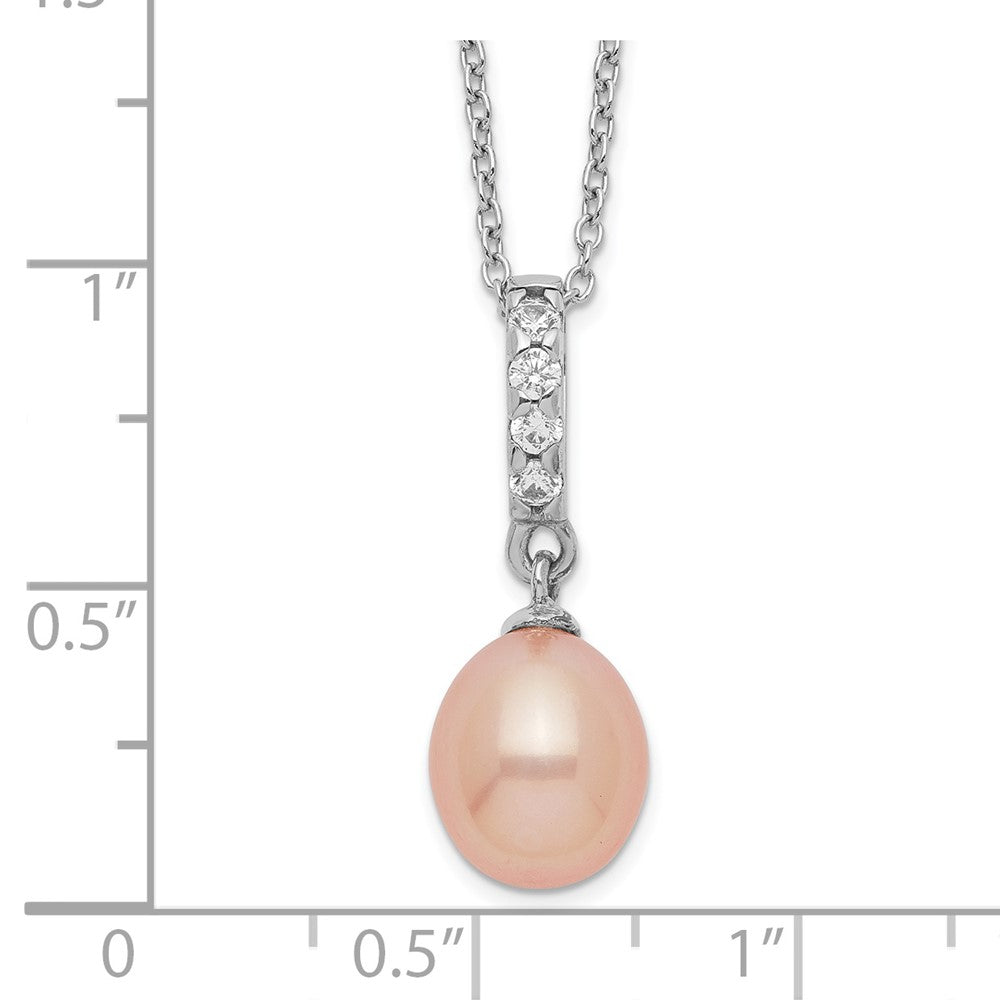 Sterling Silver Rhodium-plated 8-9mm Pink Teardrop Freshwater Cultured Pearl and CZ 17 inch Necklace 17 Inches