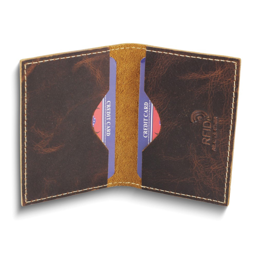 Brown Oiled Leather RFID Blocking Slim Bifold Card Case