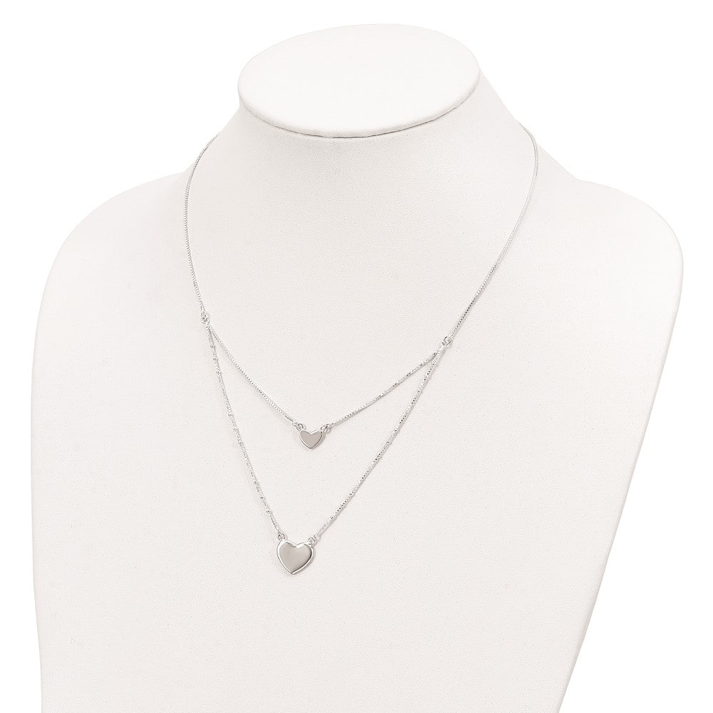 Sterling Silver Polished 2-Strand Heart Dangle Necklace 18 Inches