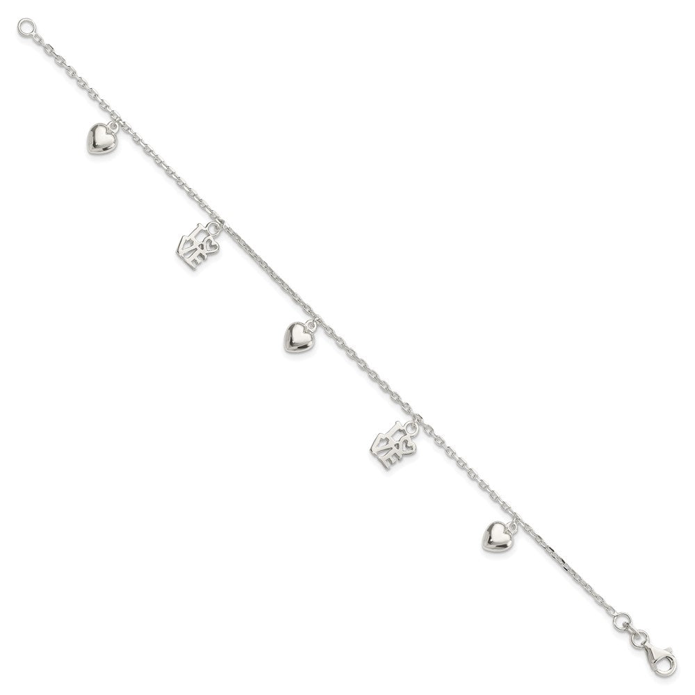 Sterling Silver Heart and LOVE Charm Bracelet 7.5 inches