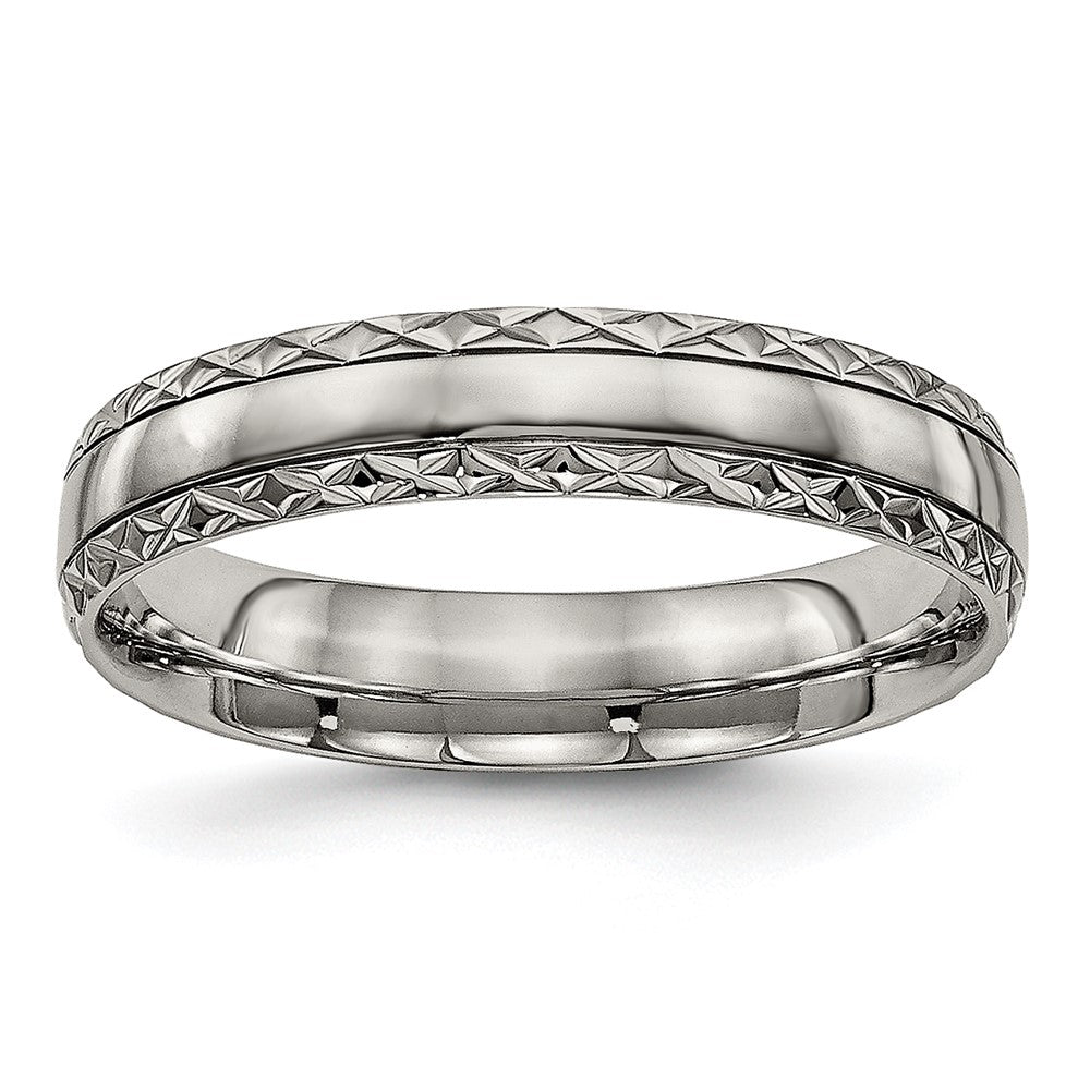 Titanium Polished Grooved 5mm Criss Cross Design Band Size - 10