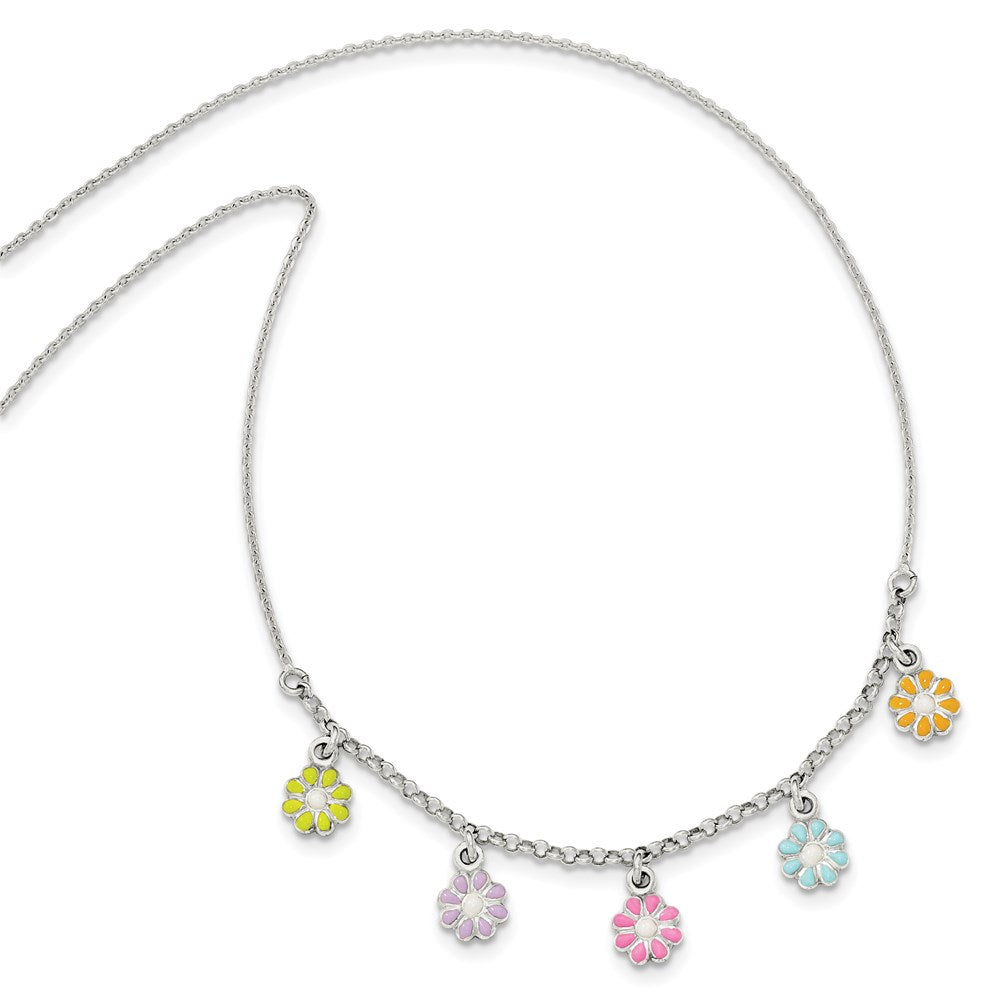 Sterling Silver Polished Multi-color Enameled Flowers Children's Necklace 14 Inches