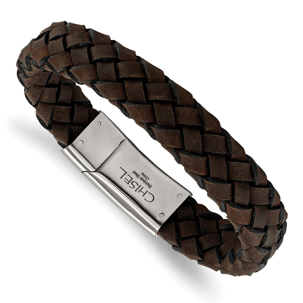 Stainless Steel Brushed Brown Leather 8.25in Bracelet 8.25 inches