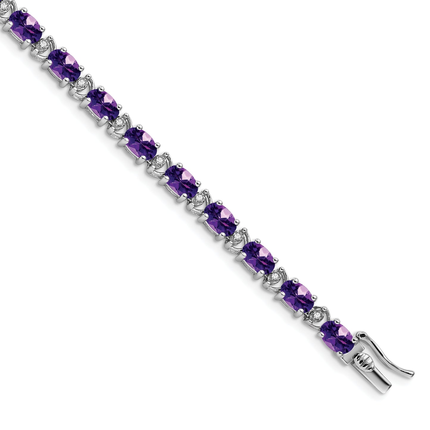 14k White Gold Complete Oval Amethyst and Diamond 7 inch Bracelet