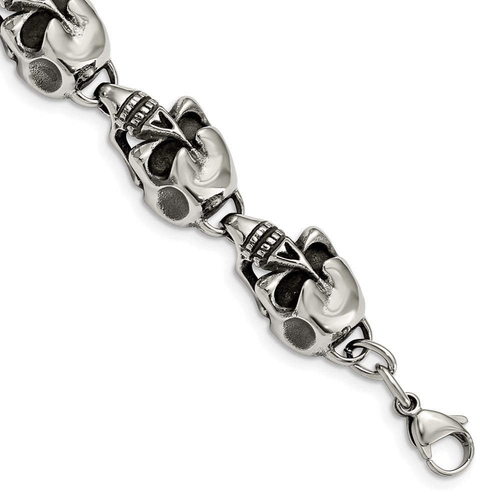 Stainless Steel Antiqued and Polished Skulls 8.5in Bracelet 8.5 inches