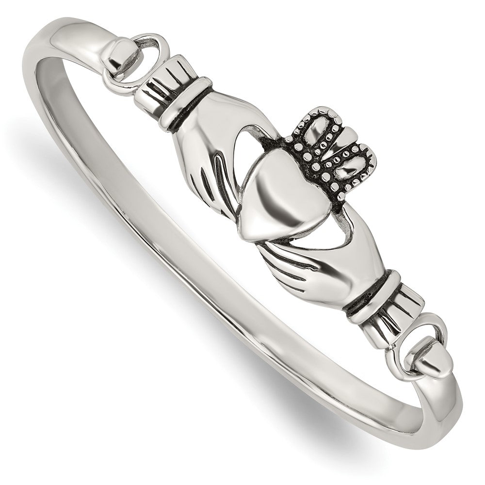 Stainless Steel Antiqued and Polished Claddagh Bangle 6.75 inches