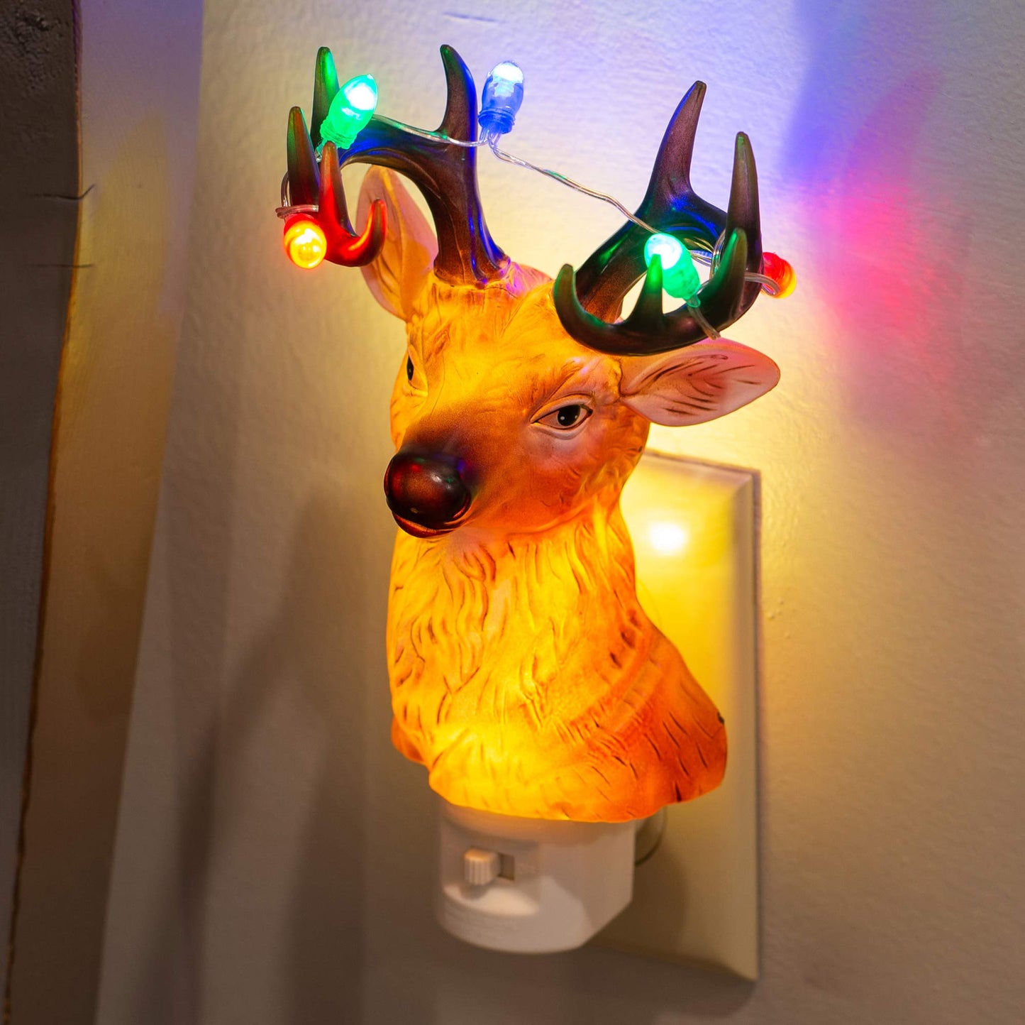 Roman Holiday Deer With Blinking Light Antlers 8.75 Inch Acrylic Plug-in Bubble Night Light