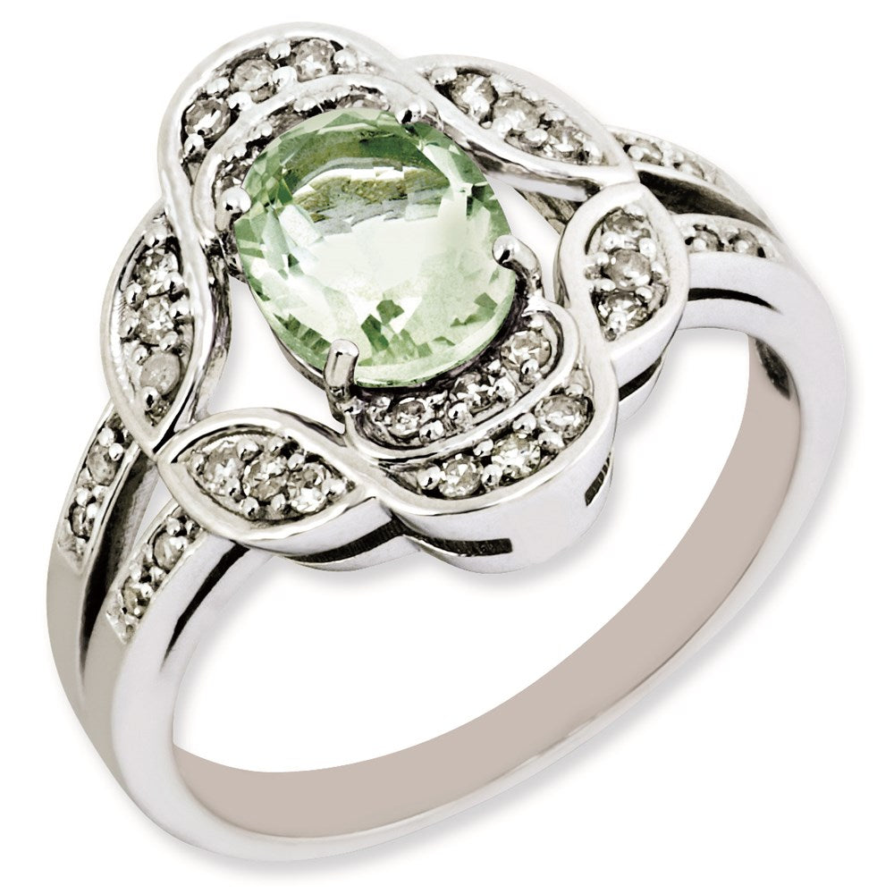 Sterling Silver Rhodium-plated Oval Diamond & Green Quartz Ring