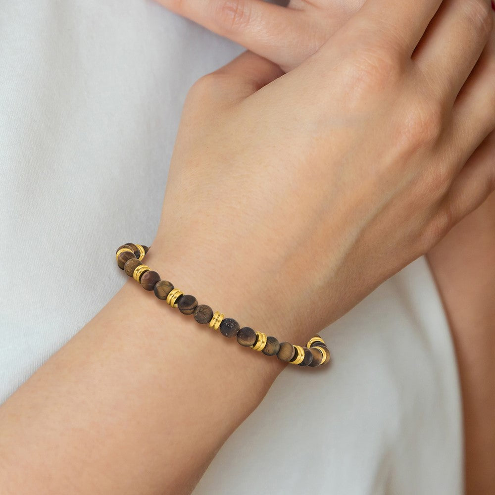 Stainless Steel Brushed Yellow IP-plated Tiger's Eye Stretch Bracelet