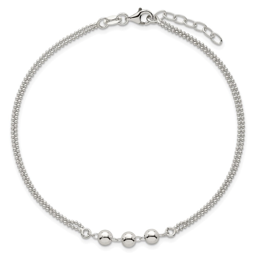 Sterling Silver Polished Beaded Double Strand 9 inch with 1 inch Extension Anklet