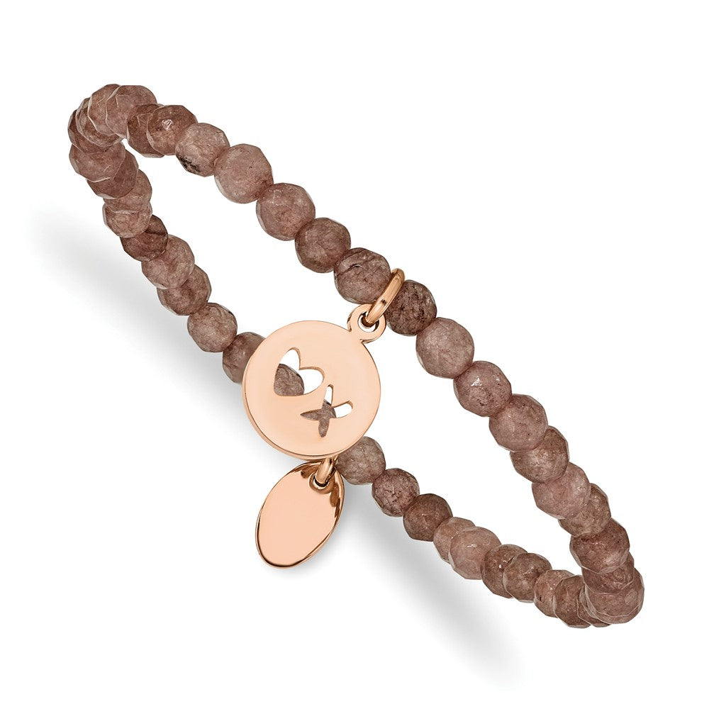 Stainless Steel Polished XO Rose IP-plated Brown Jade Stretch Bracelet 6.5 inches