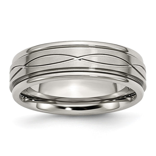 Stainless Steel Polished/Brushed Criss-cross Design 7mm Ridged Edge Band Size - 7