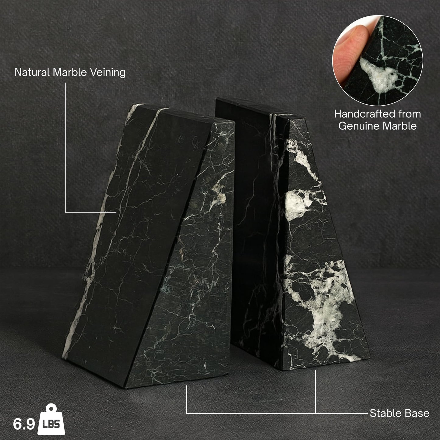 Bey-Berk Marble Zebra Book Ends 6"H Black (R10H)
