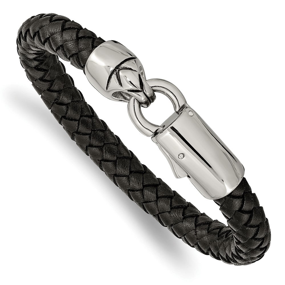 Stainless Steel Antiqued and Polished Black Leather 8.25in Bracelet 8.25 inches