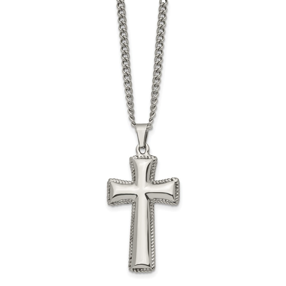 Stainless Steel Polished Pillow Cross 24in Necklace
