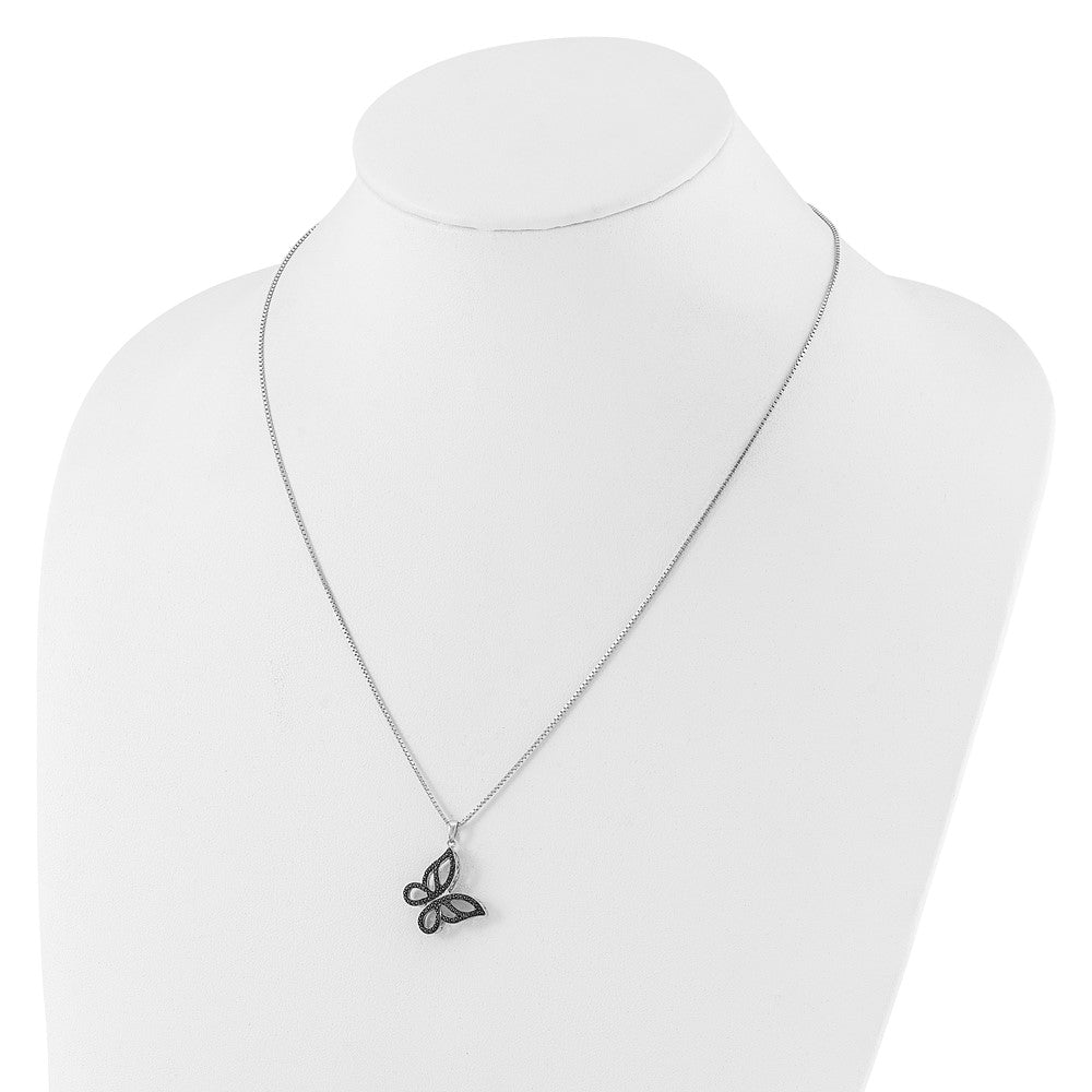 White Night Sterling Silver Rhodium-plated Black Diamond Butterfly 18 Inch Necklace with 2 Inch Extender 18 Inches