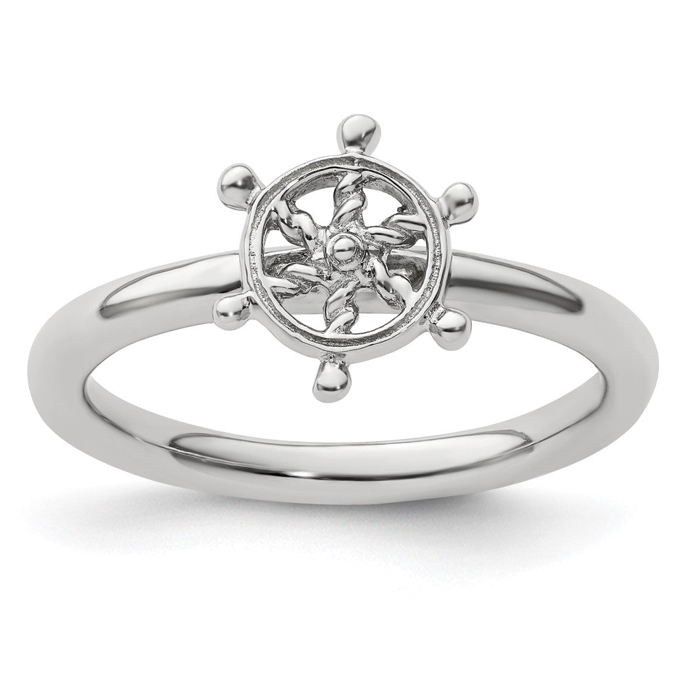 Sterling Silver Stackable Expressions Rhodium Ship's Wheel Ring Size -5