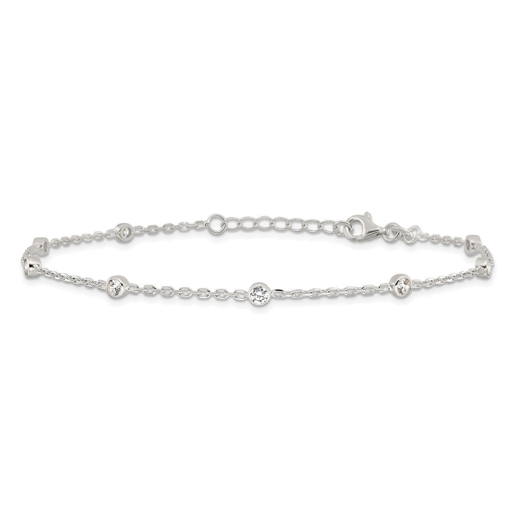 Sterling Silver Polished w/CZ 9 inch Plus1 inch Ext. Anklet 9 inches