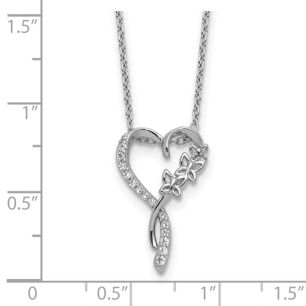 Cheryl M Sterling Silver Rhodium-plated Polished CZ Butterflies Heart with 2 Inch Extension Necklace 18 Inches