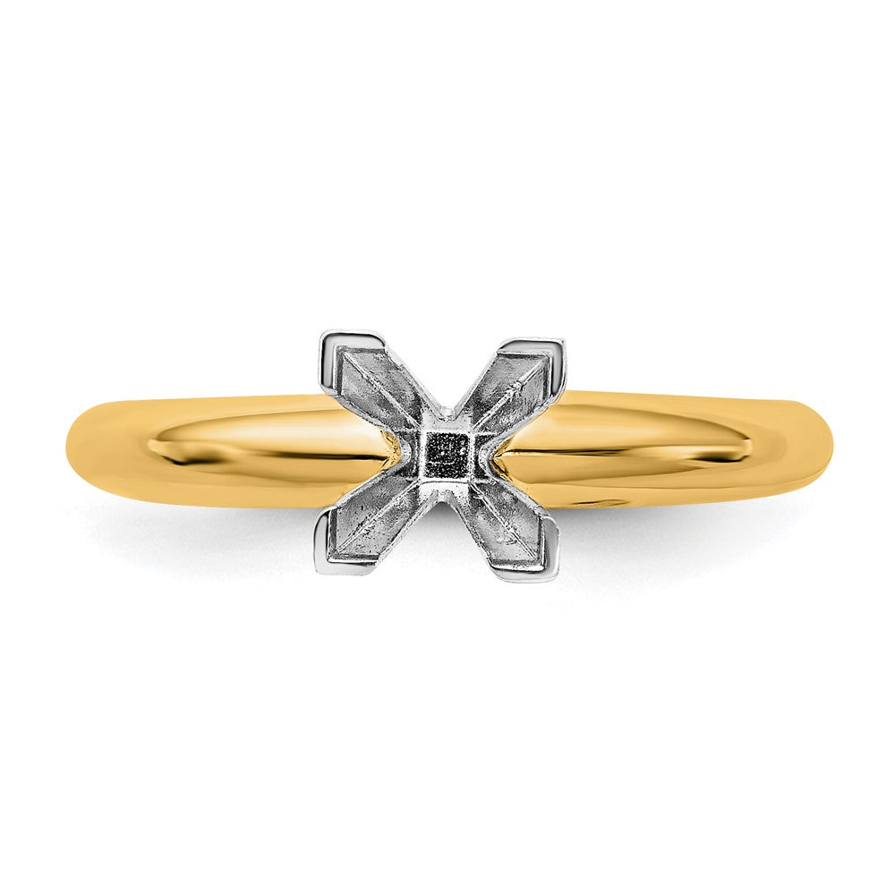 14k Two-Tone 6mm Medium-Weight Half-Round V-End Princess Solitaire Ring Mounting
