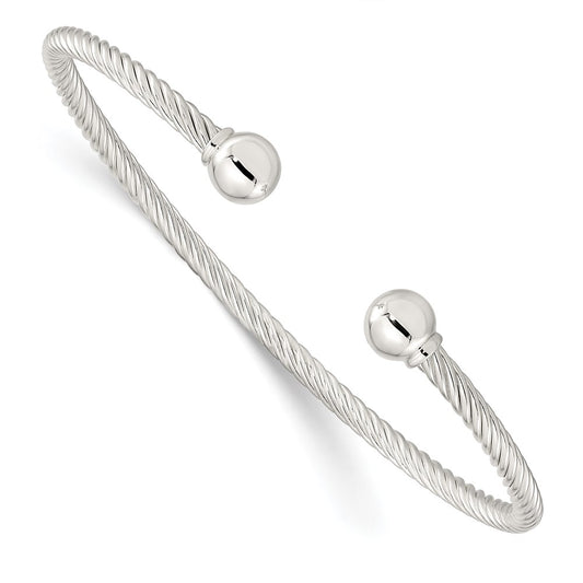 Sterling Silver Polished Twisted w/1 Thread Ball Cuff Bangle 7.75 inches