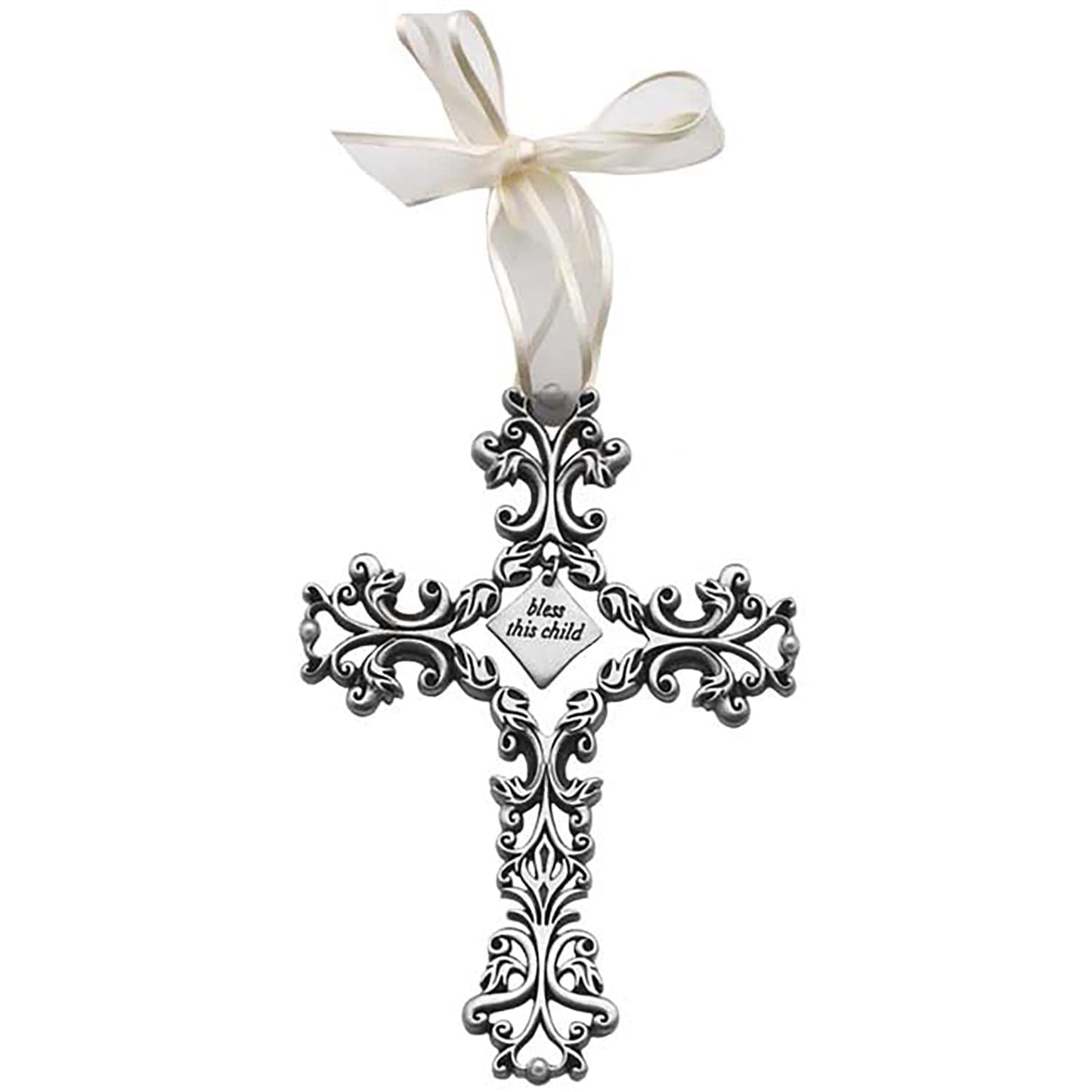 Cathedral Art “Bless This Child” White Ribbon Cross – 5-Inch Decorative Gift