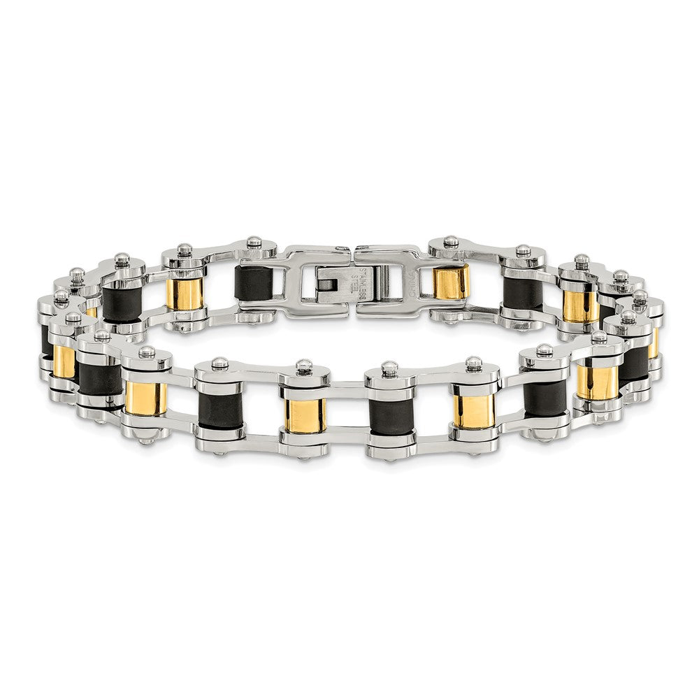 Stainless Steel 8.75in Polished Yellow IP-plated w/Black Rubber Bracelet 8.75 inches