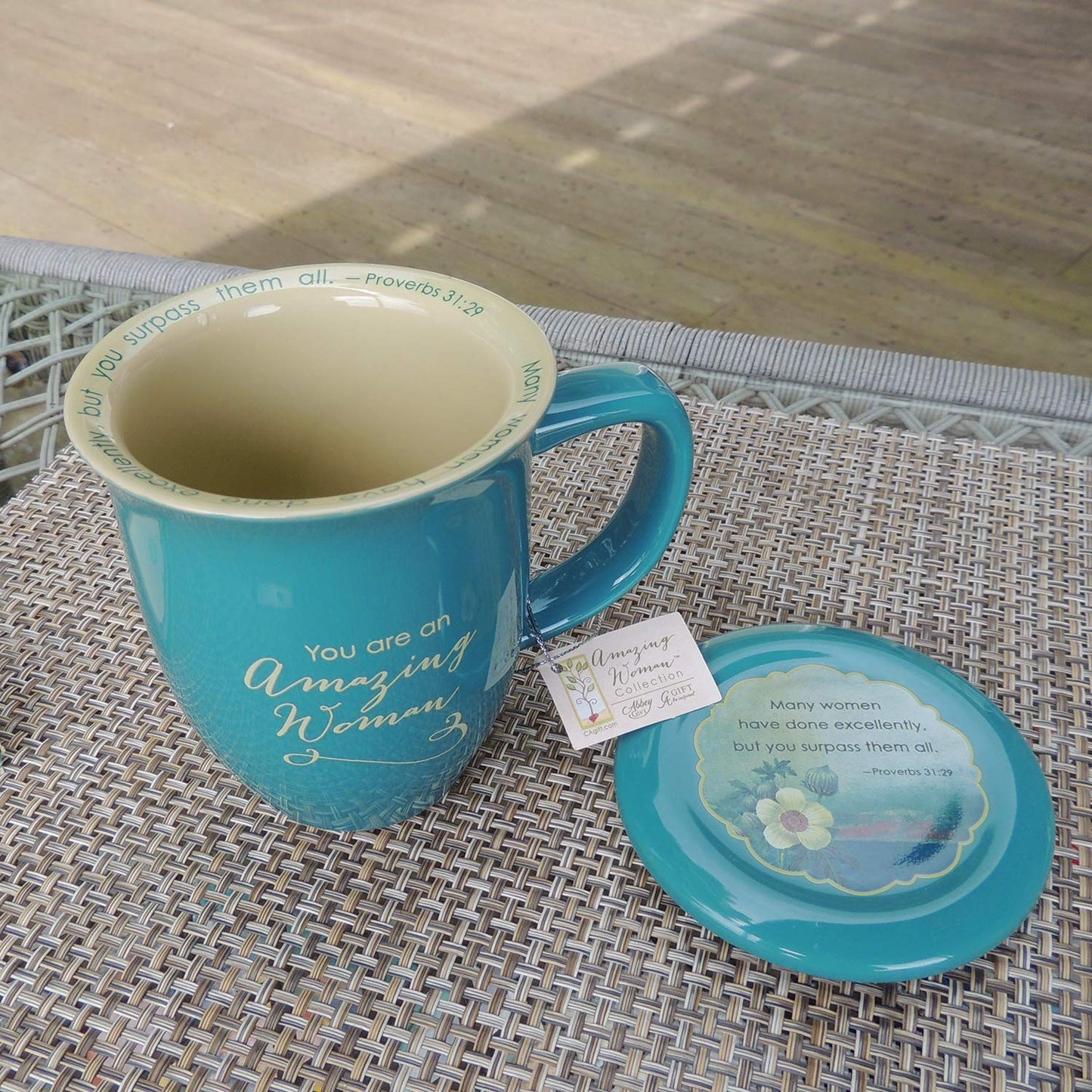 Cathedral Art-DBA Abbey Gift 096822 Mug Grace Outpoured Amazing Woman Interior with Coaster Lid, Teal & Cream