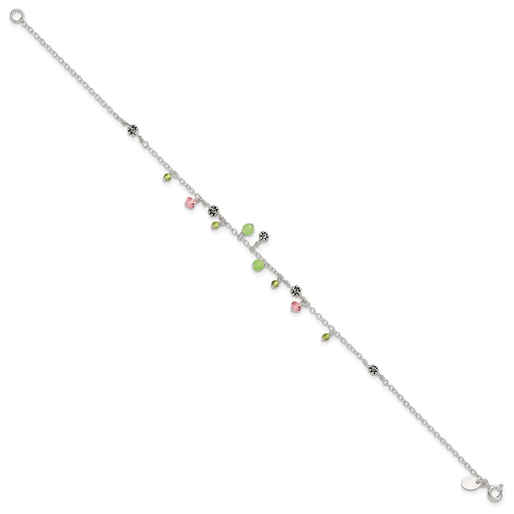 Sterling Silver 9in Pink Crystal Green Quartz Peridot Beads Anklet 9 inches