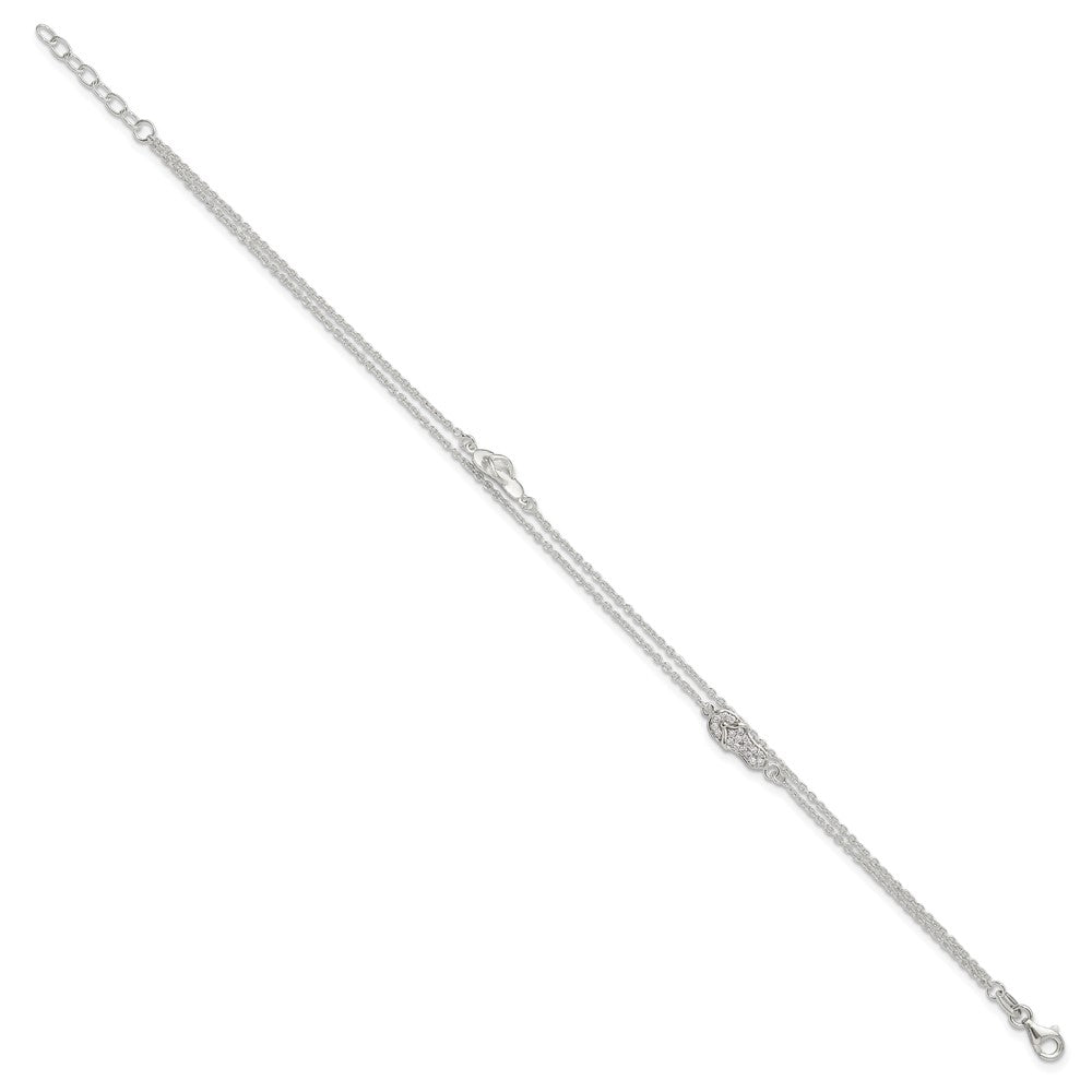 Sterling Silver CZ Flip Flop 9in Plus 1in Ext. Anklet 9 inches