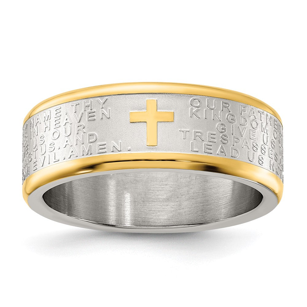 Stainless Steel Brushed & Polished Yellow IP Lord's Prayer 8mm Band Size - 13