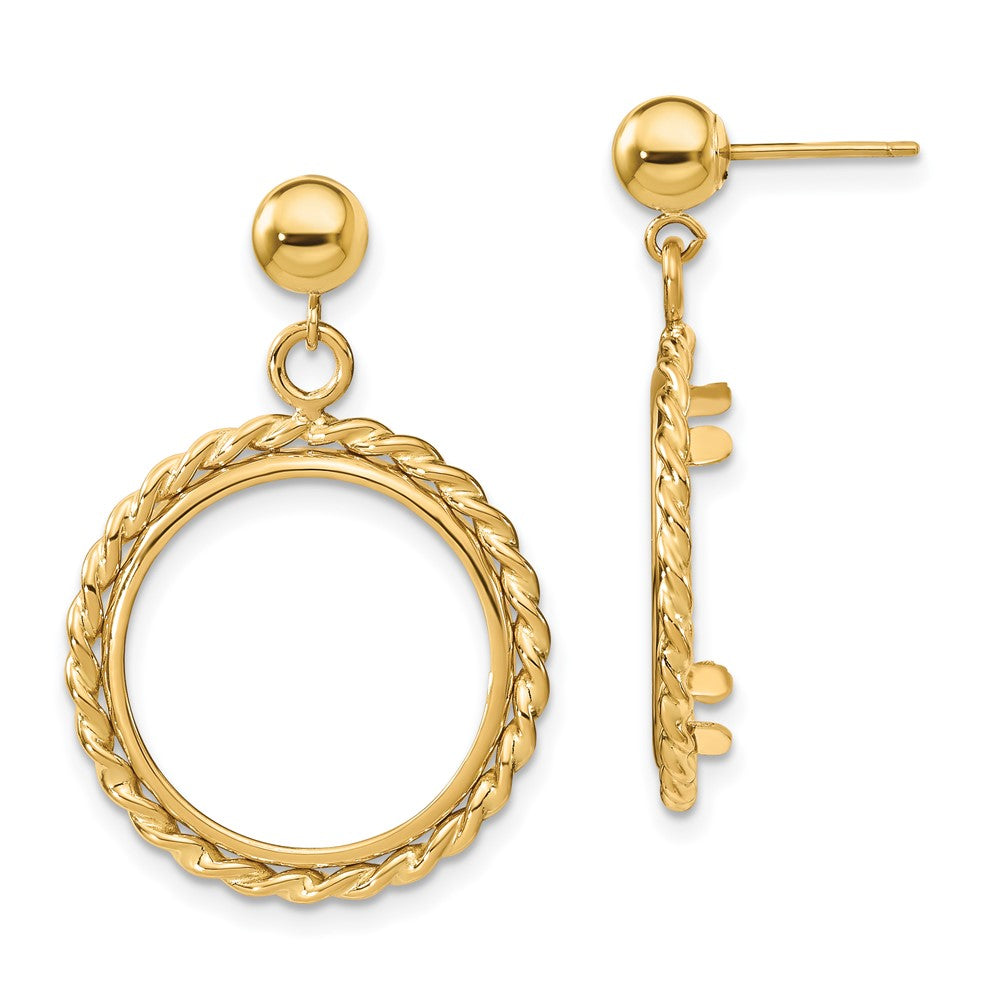 Wideband Distinguished Coin Jewelry 14k Polished Twisted Wire 16.5mm Prong Coin Bezel Post Dangle Earrings