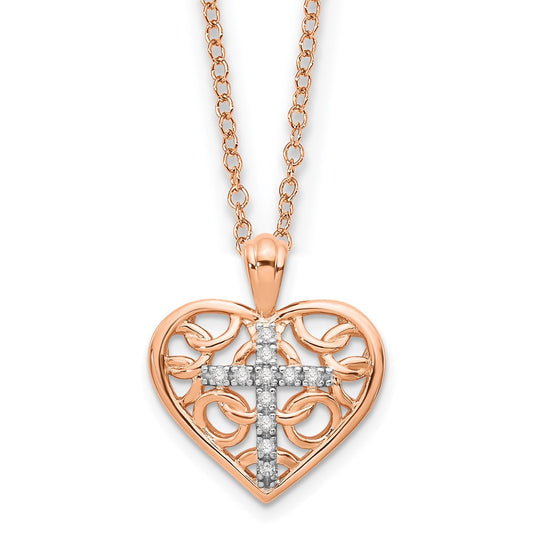 10K Rose Gold with Rhodium Plated Diamond Cross in Heart Necklace