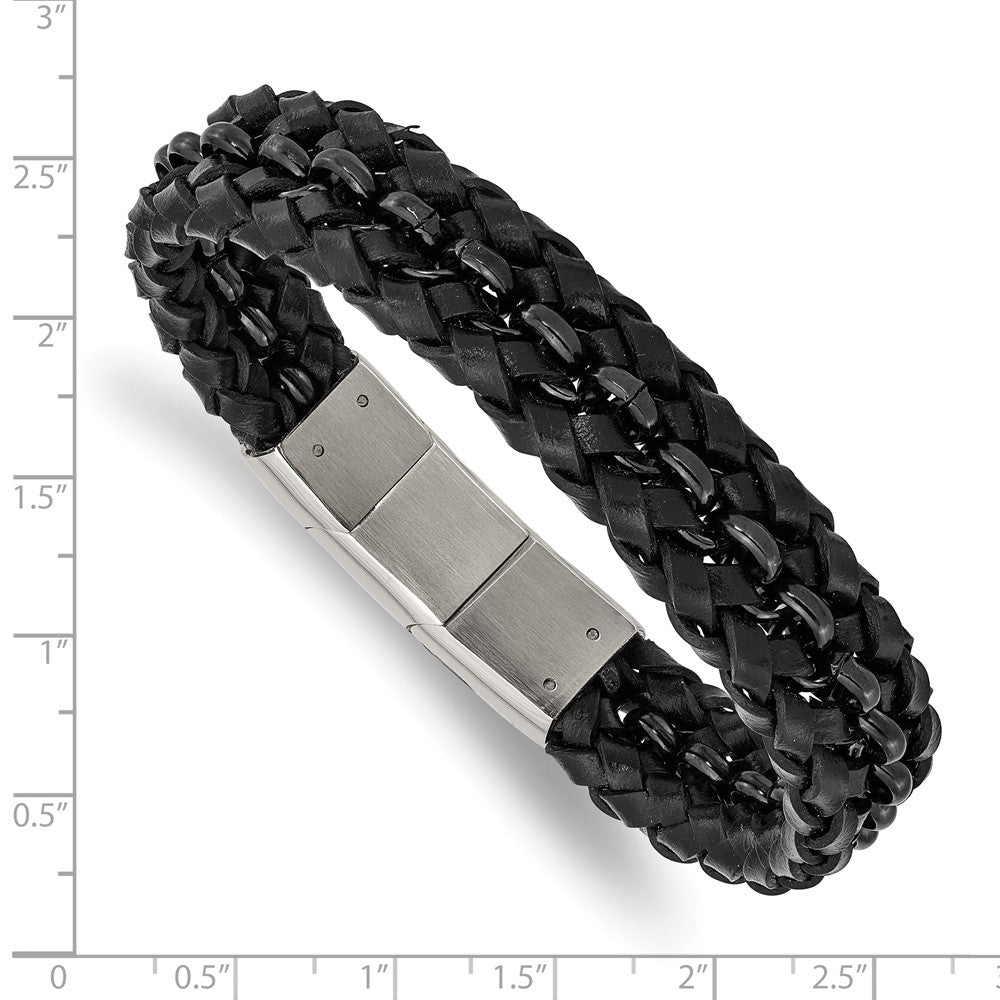 Stainless Steel Polished Black IP-plated Black Leather w/.5in ext Bracelet 8 inches