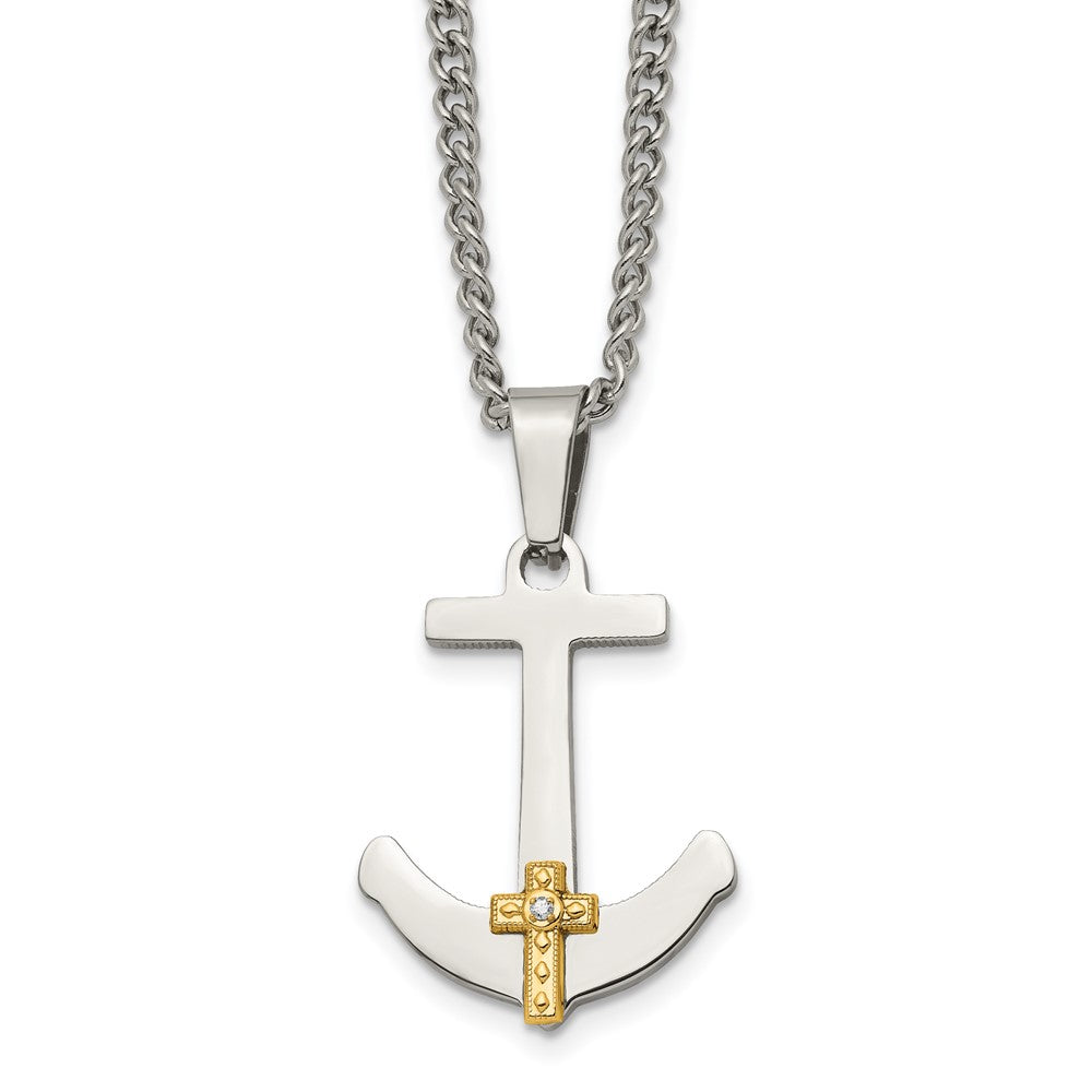 Stainless Steel Polished w/14k Gold Diamond Anchor Mariner Cross Necklace