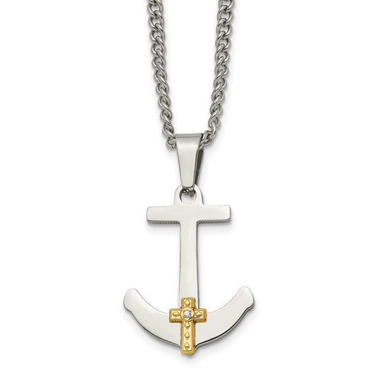 Stainless Steel Polished w/14k Gold Diamond Anchor Mariner Cross Necklace