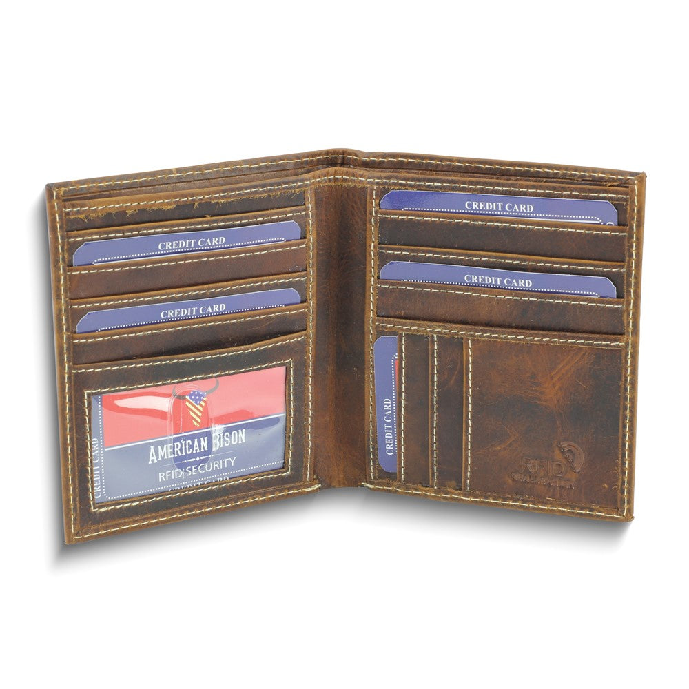 Brown Distressed Oiled Leather RFID Blocking Hipster Bifold 11-Slot Wallet with ID Window