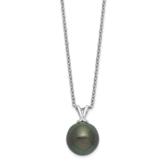 Sterling Silver Rhodium-plated 9-10mm Black Teardrop Tahitian Saltwater Cultured Pearl 17 inch Necklace 17 Inches